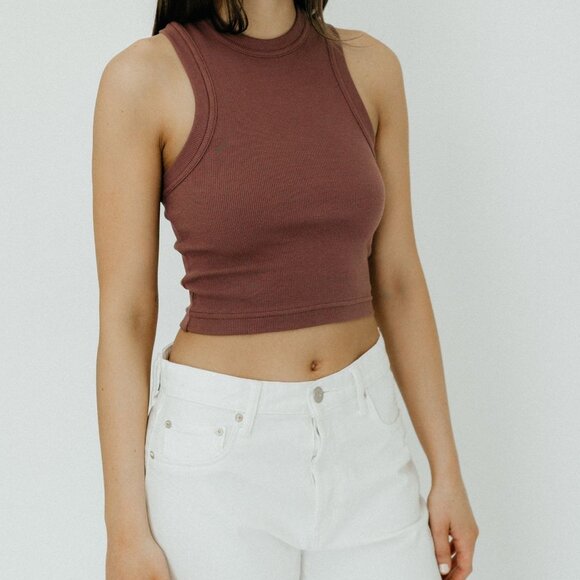 Tibi Ribbed T Cropped Tank in Cinnamon - Picture 1 of 3
